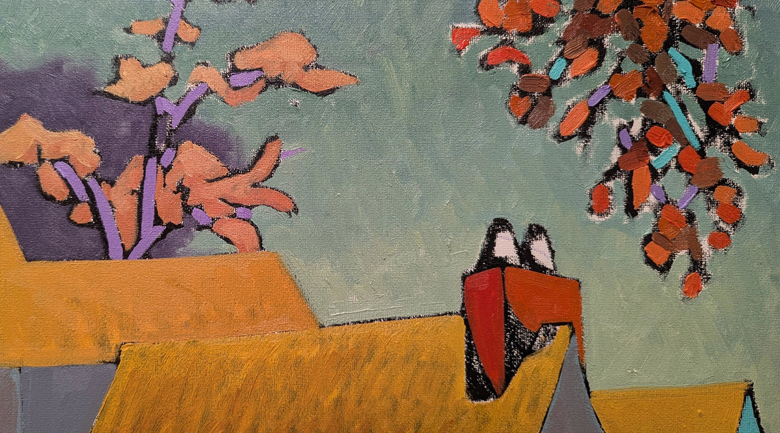 A portion of a colorful oil painting representing yellow roofs and a red chimney amongst colorful trees.
