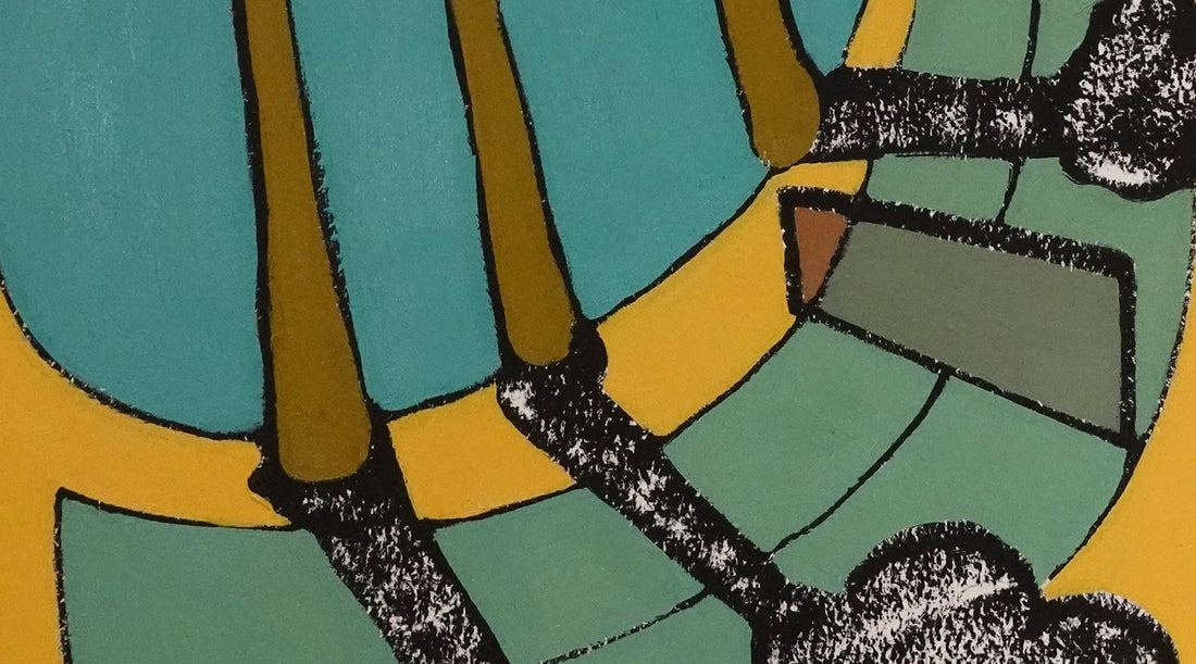 A small slice of an oil painting on paper with three brown vertical rectangles entering the frame representing trees.  The tress cast shadows over a tennis court. 