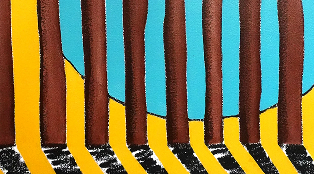 A section of a painting that shows many tree trunks in front of a blue circle that is made to represent a lake.