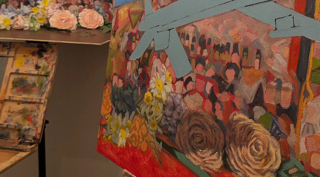 A canvas covered in oil paint depicting many forms that are hard to discern but was are visible are two rose flowers painted with on a red floor.