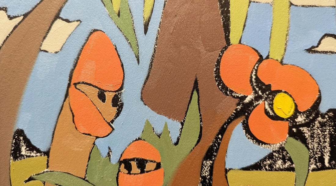 An experimental oil painting on paper with orange, brown, blue and green colored shapes painted in an abstract manner. 